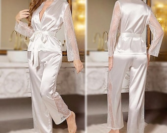 Bridal Satin Pajama Set with Lace Sleeves, White Silky PJ for Bride, Wedding Morning Outfit, Honeymoon Loungewear, Bridal Getting Ready Set