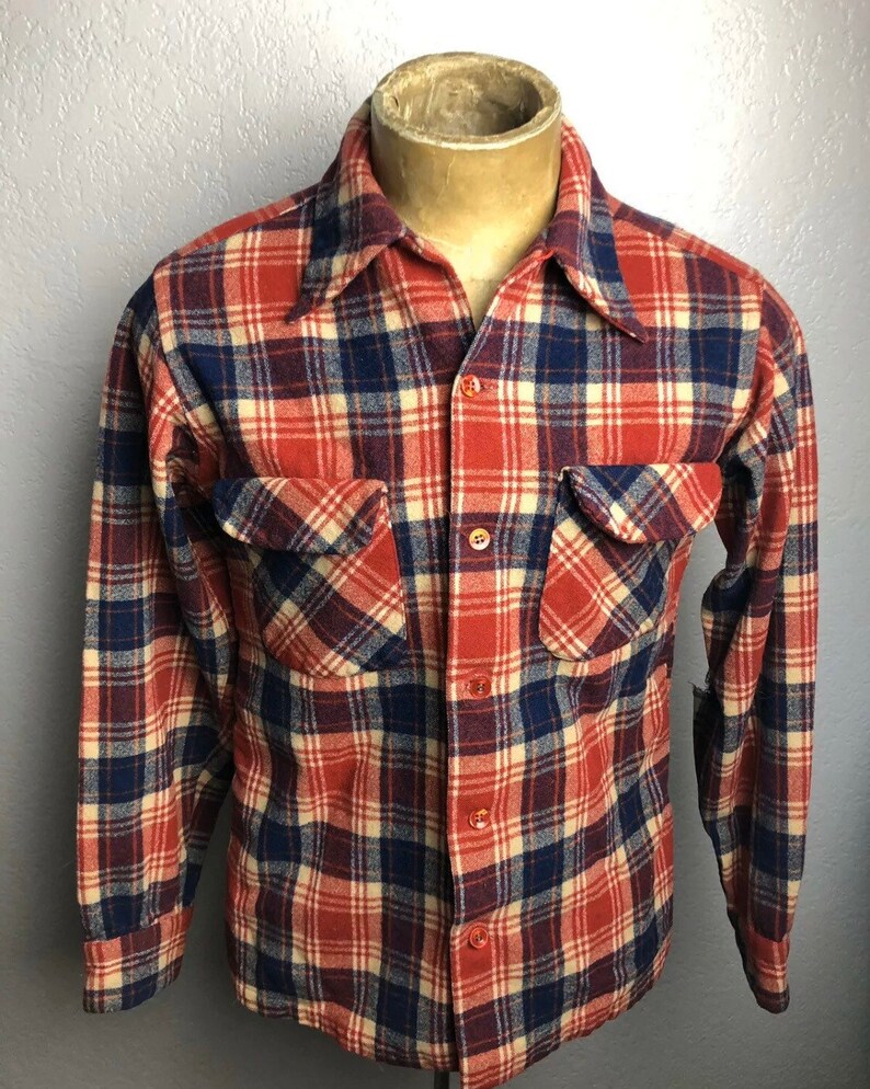 Vintage 1960s Pendleton Button Up Shirt Loop Collar Sz Medium Red Plaid