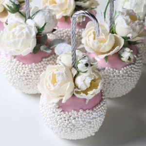 1pc Faux Candy Apple with Snow Kissed Roses and Pearl Sprinkles | Pink Holiday Decor, Kawaii Stationary and Coffee Bar Decor