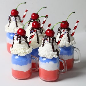 Mini Mason Jar Faux Milkshake Sundae | Fourth of July Decor, Fake Jello | Kawaii Stationary and Festive Patriotic Decor!