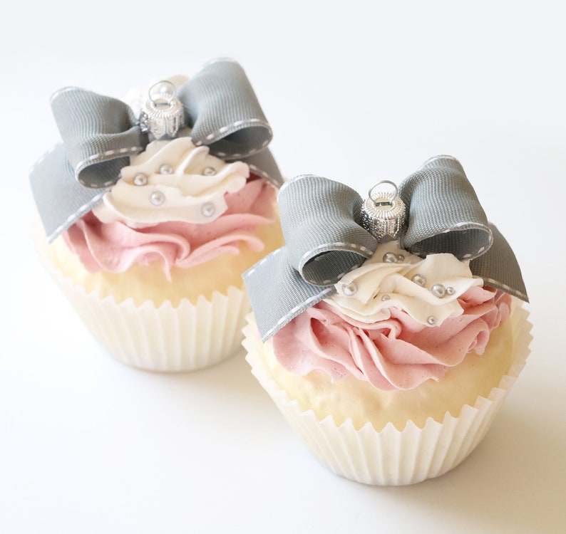 Jumbo Faux Cupcake Ornament ~ Pink /& Grey Pearl ~ Holiday Party Wedding Baby Shower Favors Decorations