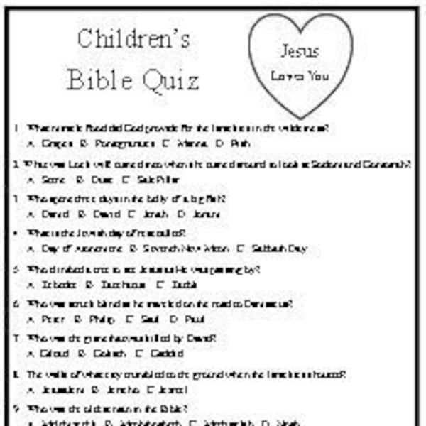 Children's Bible Quiz is a multiple choice quiz with Chapter and Verse reference for the answers.