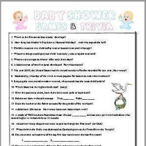 Baby Shower & Baby Trivia Games.  Five activities with solutions.