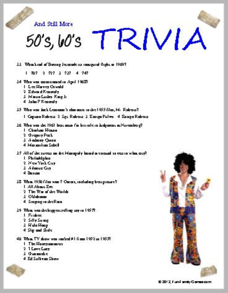 50 s 60 s Trivia Etsy