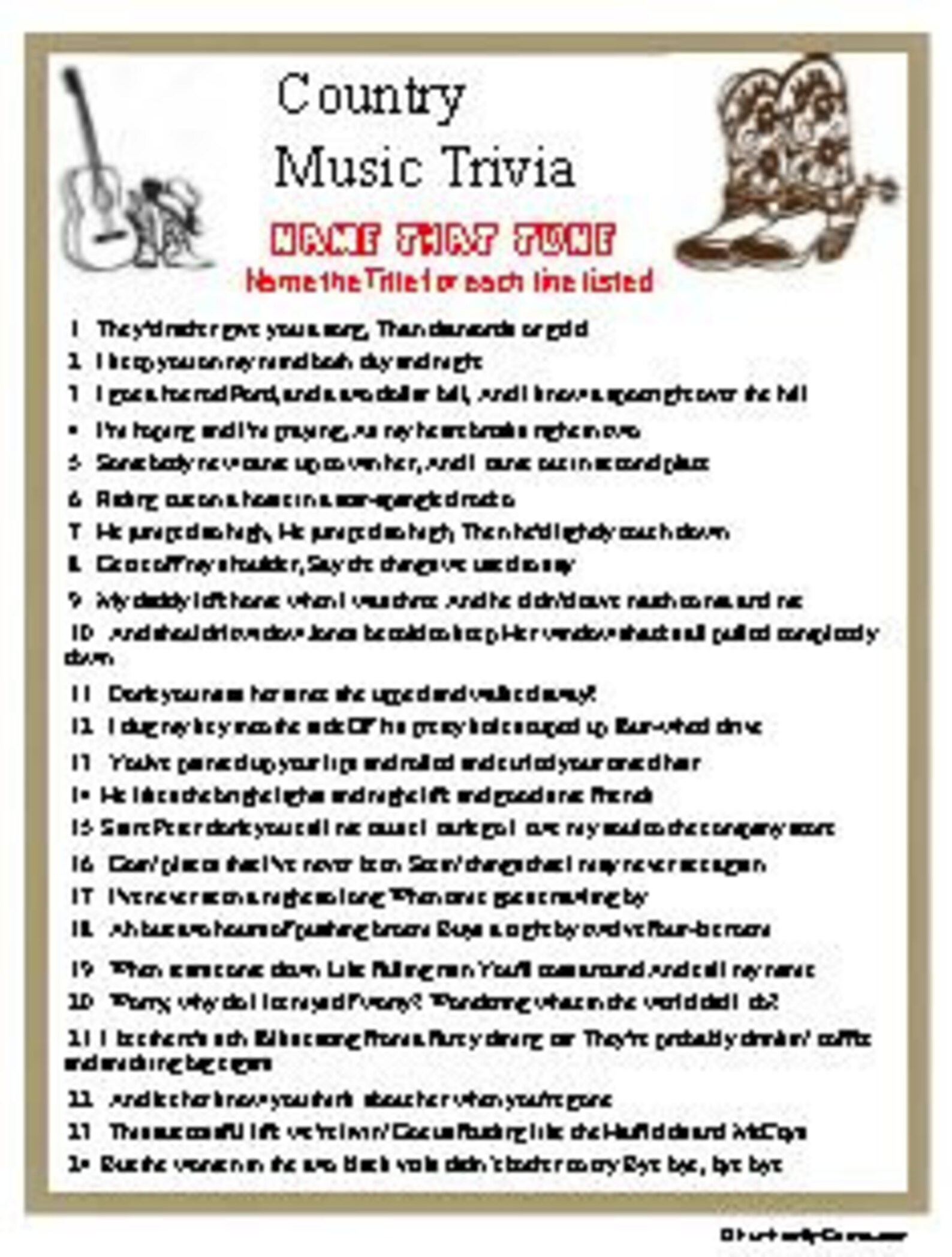 Country Music Trivia, Plus Name That Tune Etsy Canada