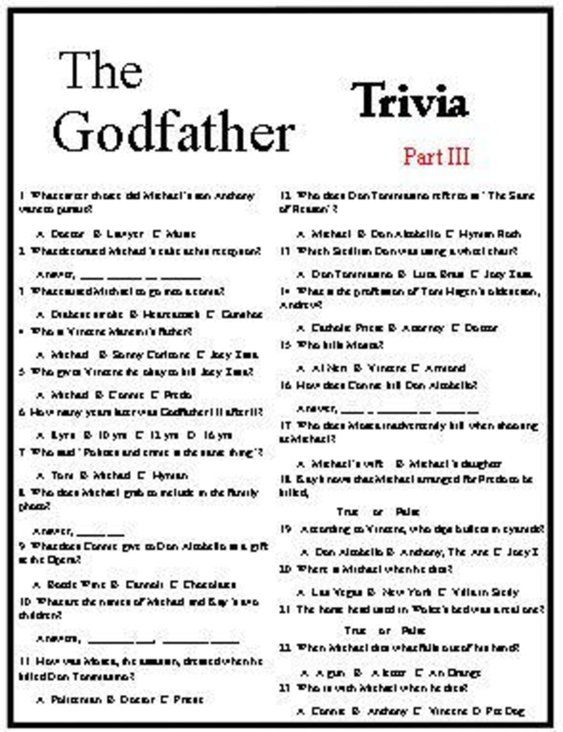 The Godfather Trivia Etsy