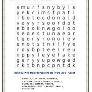 May include: A cartoon trivia word search puzzle with the words 'smurfs', 'nybyls', 'yekcimsfpatl', 'Ibotecdonald', 'voyyrsoordpt', 'ebsoknwgoloo', 'seoestunaepr', 'tgenyronoiev', 'enotstnilfye', 'roybpteelreu', 'nppyleyefake', 'gsryyupowged', 'rktbnpcpn tdk' in a blue grid. The text below the grid reads 'Can you find the Cartoon ide in the void Pucci?' and lists cartoon characters: '1ΣΥΡΙΟΥ, NOLY, APU 12, 707EYE, ZUG 13, OOC, SYLVESTE, ra'.