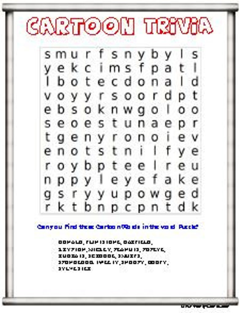May include: A cartoon trivia word search puzzle with the words 'smurfs', 'nybyls', 'yekcimsfpatl', 'Ibotecdonald', 'voyyrsoordpt', 'ebsoknwgoloo', 'seoestunaepr', 'tgenyronoiev', 'enotstnilfye', 'roybpteelreu', 'nppyleyefake', 'gsryyupowged', 'rktbnpcpn tdk' in a blue grid. The text below the grid reads 'Can you find the Cartoon ide in the void Pucci?' and lists cartoon characters: '1ΣΥΡΙΟΥ, NOLY, APU 12, 707EYE, ZUG 13, OOC, SYLVESTE, ra'.