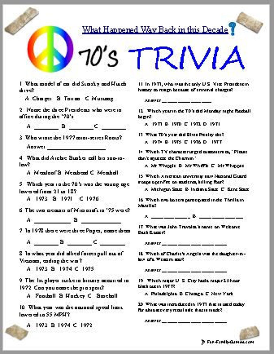 70's trivia, - etsy