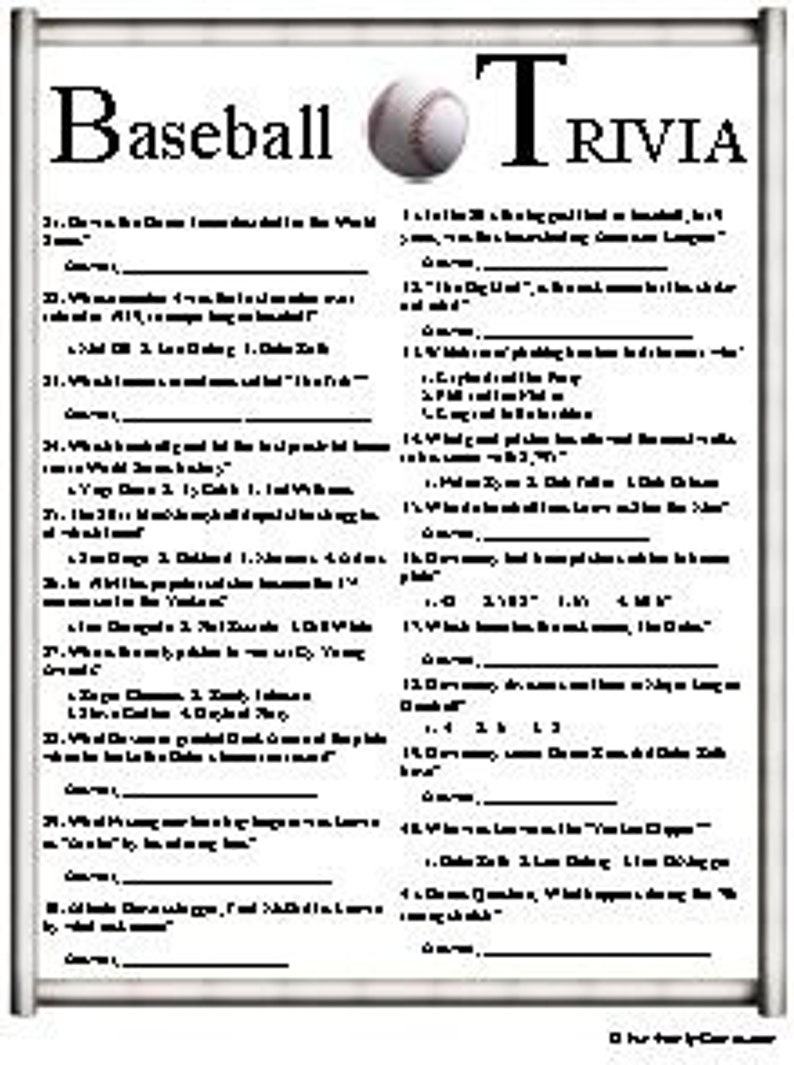 Baseball Trivia With a Baseball Stadium Quiz Etsy