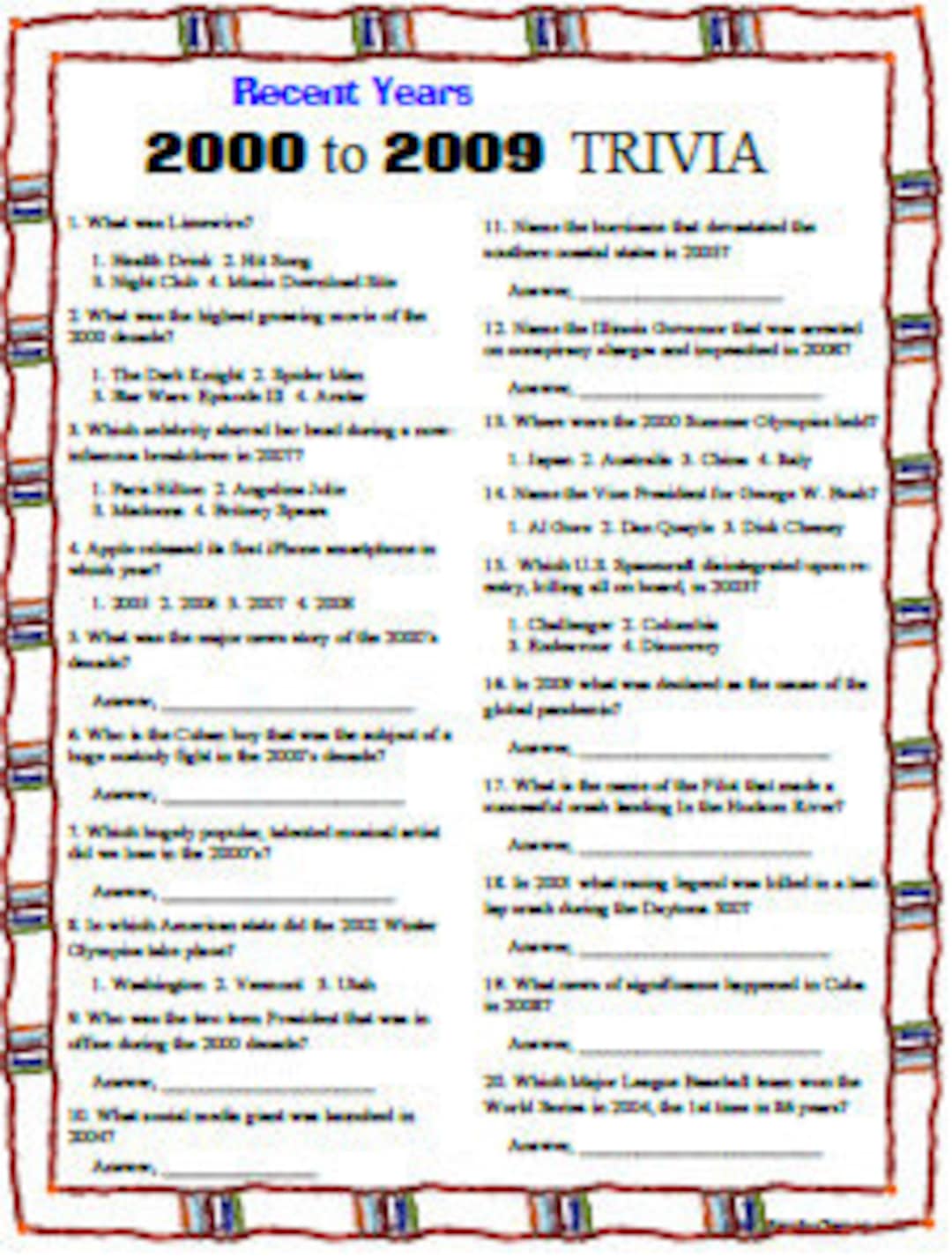 2000 to 2009 Trivia Fun, Recent News, Fresh in Your Mind..... - Etsy