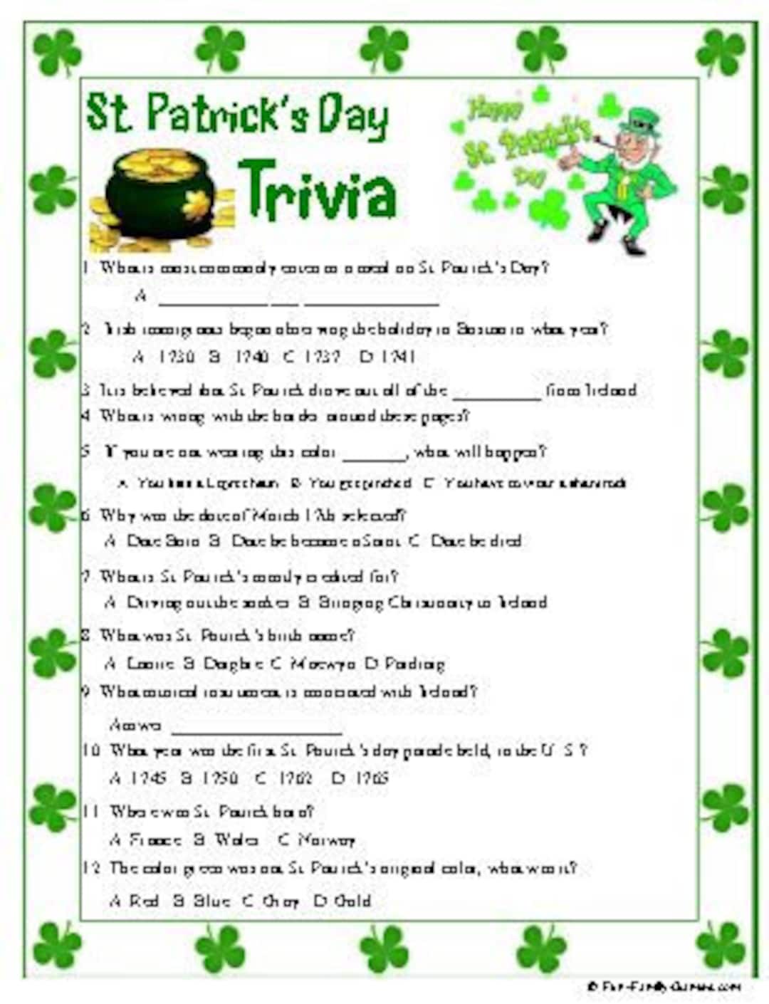 St Patrick's Day Trivia Etsy