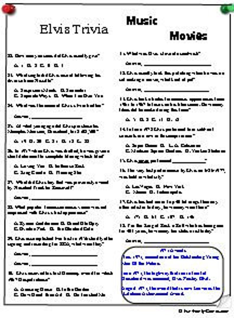 Elvis Trivia, Elvis Movies Trivia, and Elvis Love Songs Trivia - Etsy