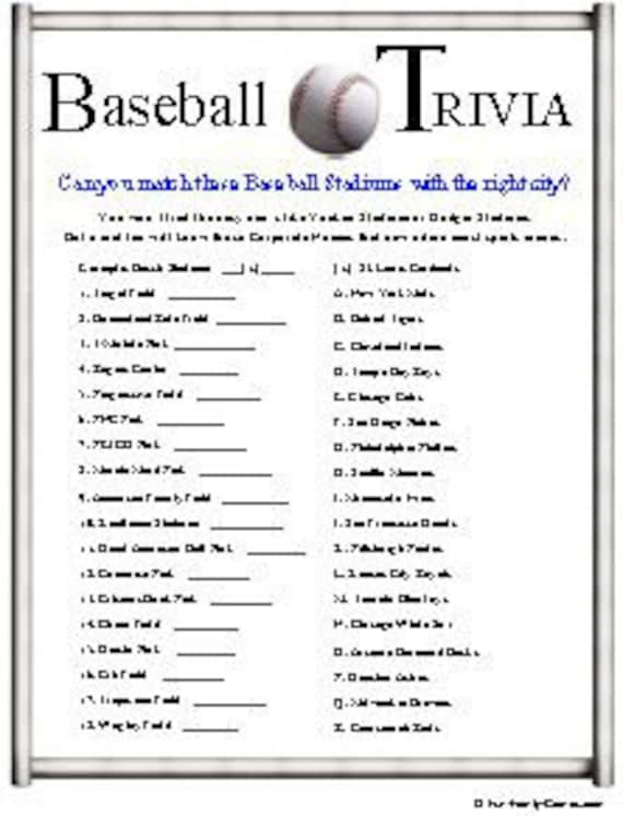 Baseball Ballpark Match up Trivia Game Printable Baseball 