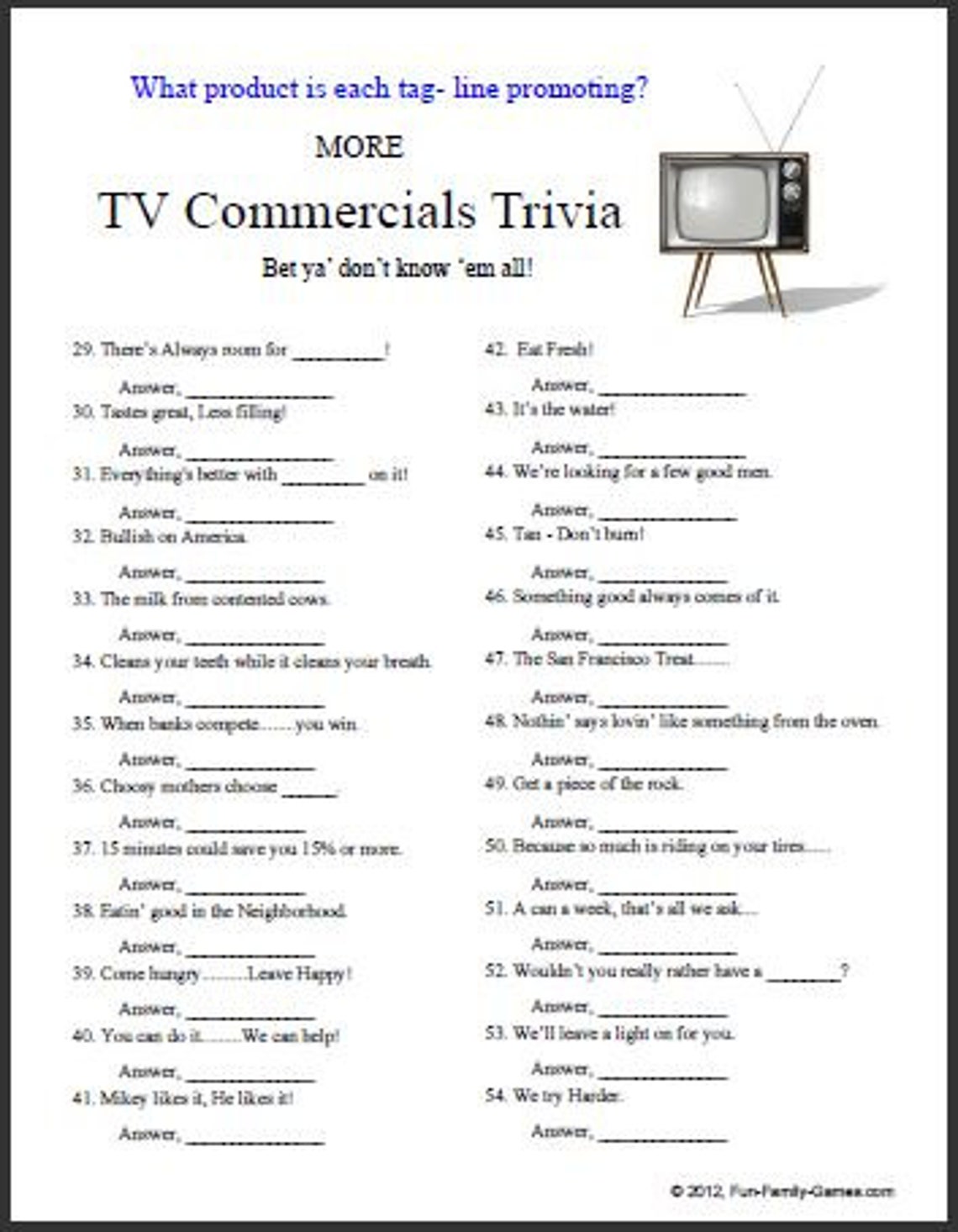 TV Commercials Trivia - Etsy