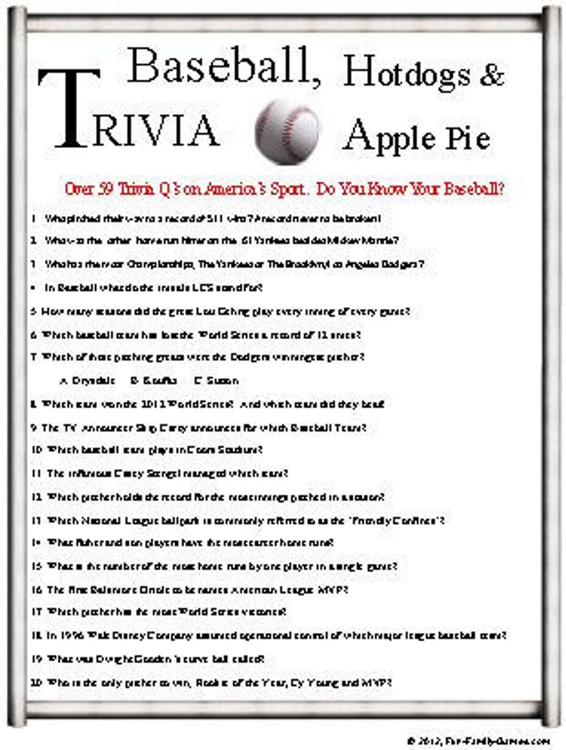 Baseball Trivia Etsy