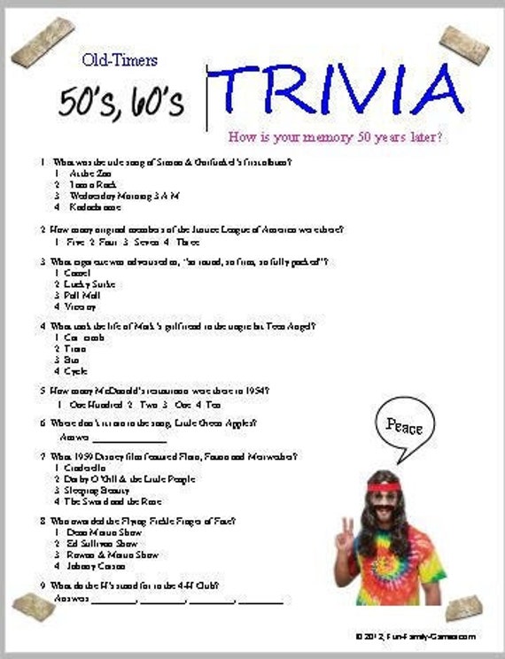 1960s Quiz Pack  Trivia - Music, Fads, Fashion, Movies of the 1960s