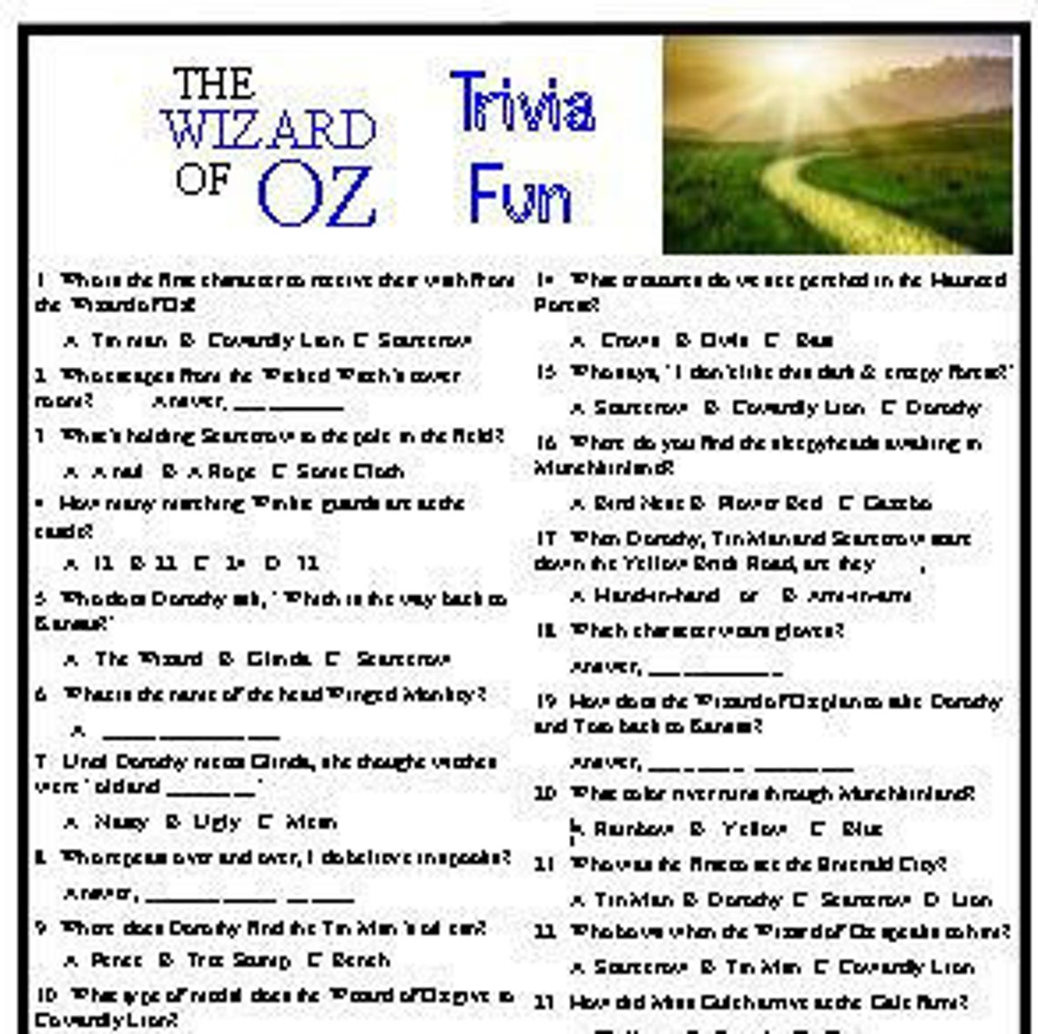 Wizard of Oz Trivia Game Etsy Australia