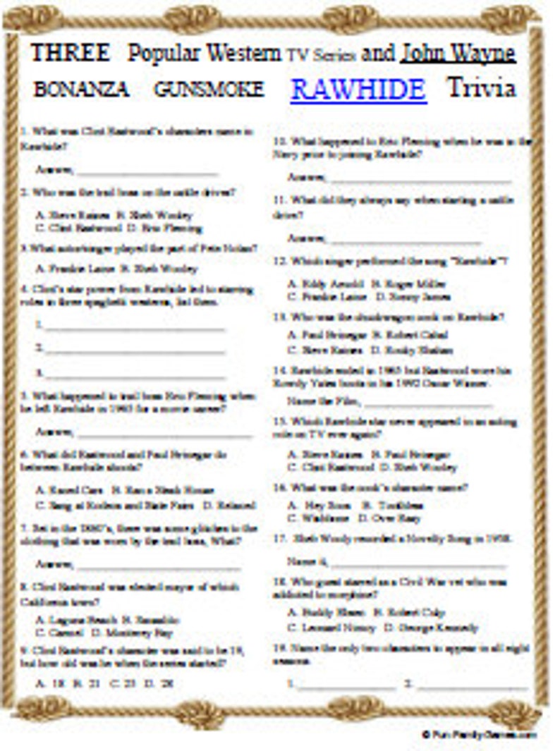 Bonanza, Gunsmoke, Rawhide, and John Wayne Trivia Etsy