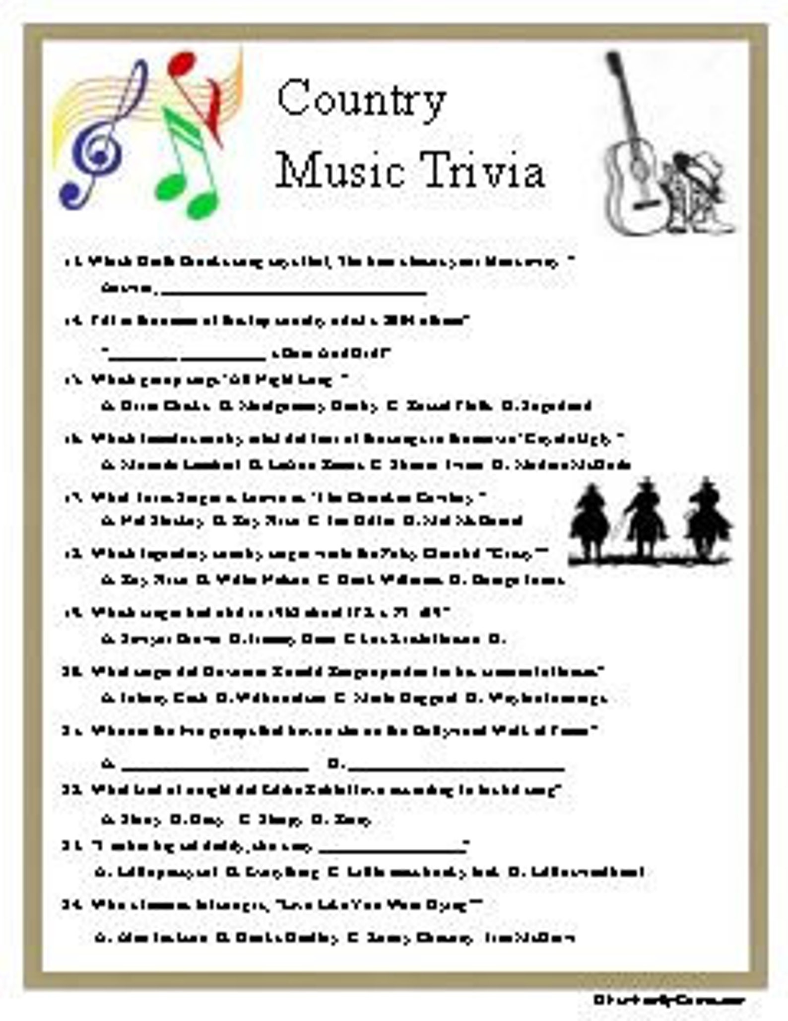 Country Music Trivia, Plus Name That Tune Etsy Canada