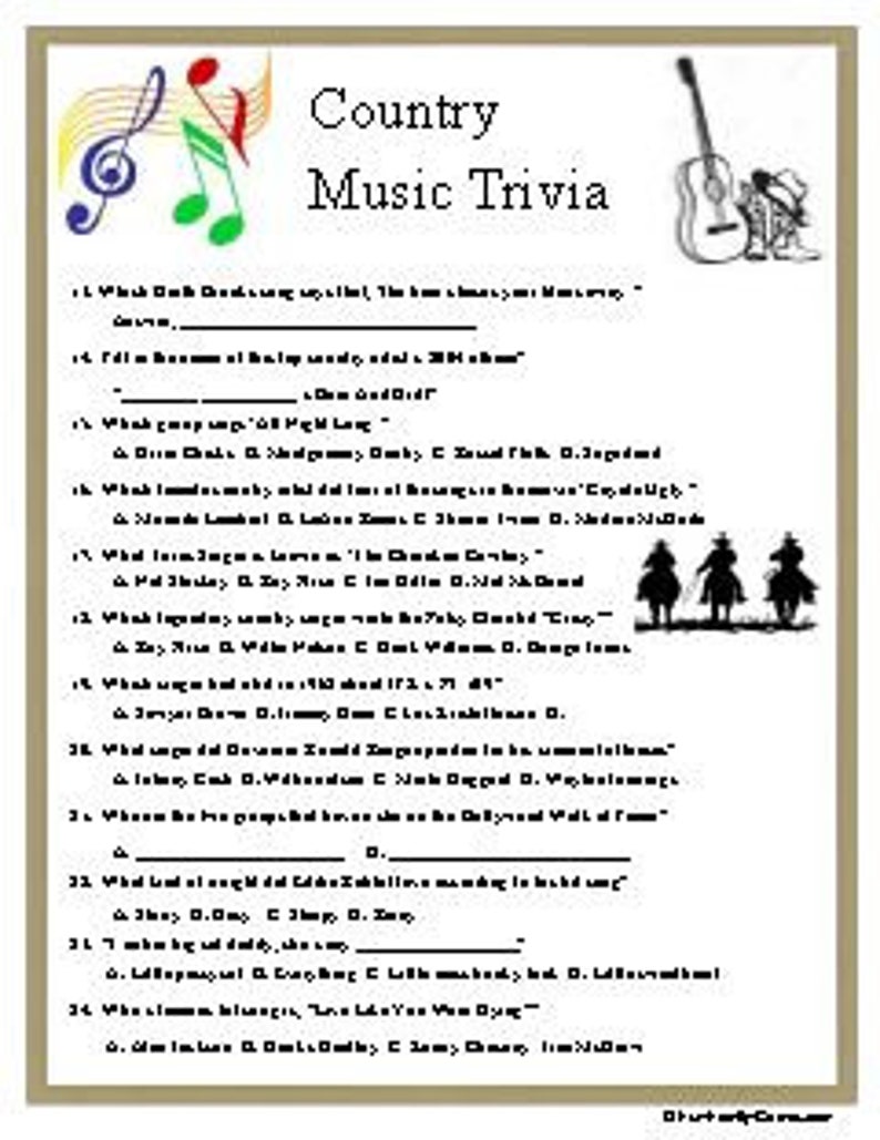 Country Music Trivia, Plus Name That Tune Etsy