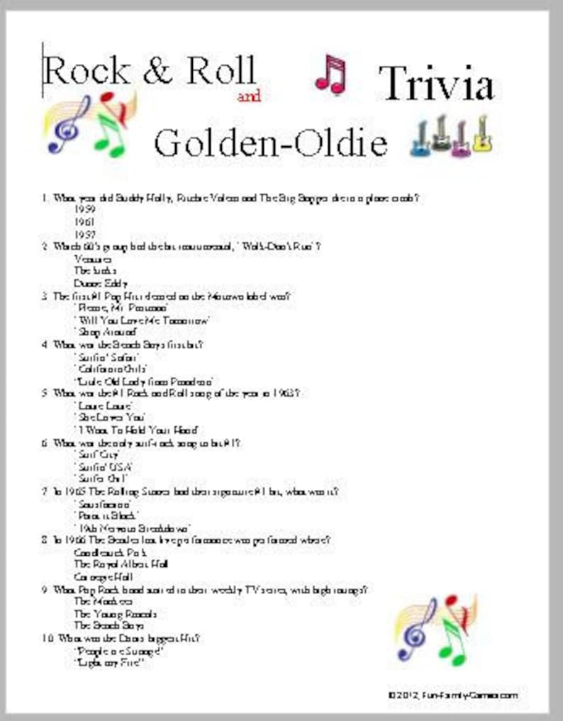 Rock Roll AND Golden-Oldie Trivia image regarding 1950 Trivia Questions and Answers Printable named Rock Roll AND Golden-Oldie Trivia