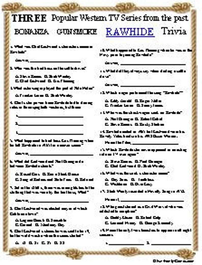 Bonanza Gunsmoke and Rawhide Trivia Etsy