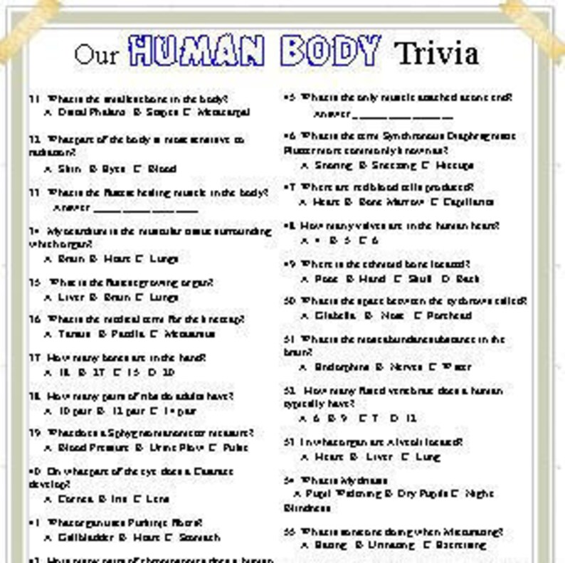 Anatomy Trivia, All About Our Human Bodies Etsy
