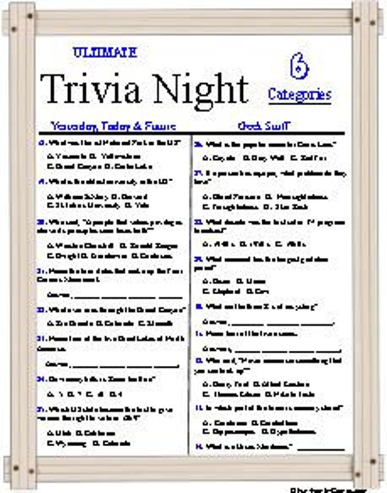 Trivia Night Fun, 6 Different Categories Etsy
