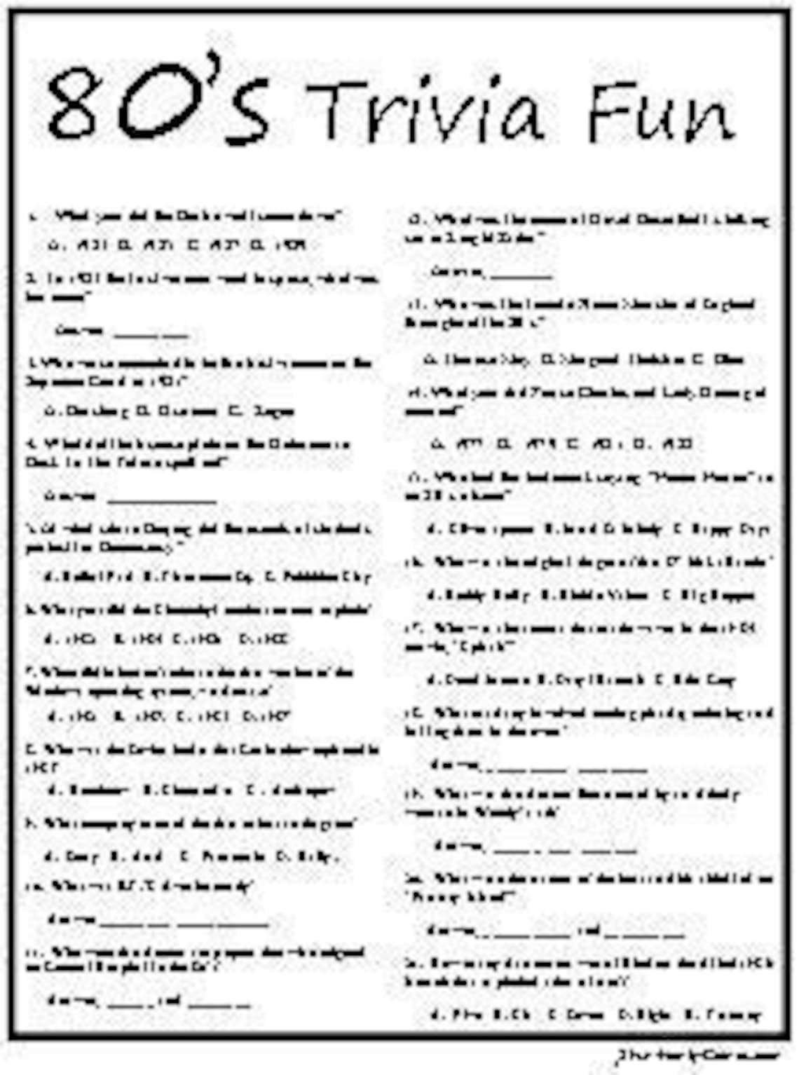 80's Trivia Quiz & 80's Music Trivia Etsy