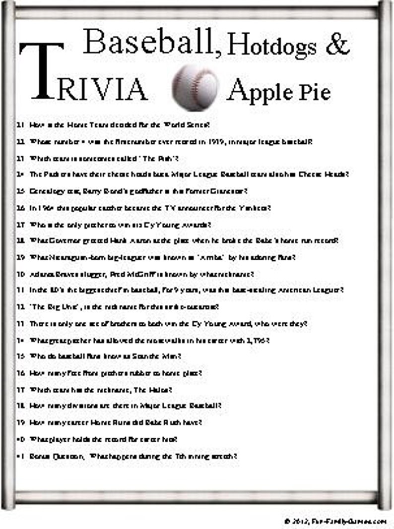 Baseball Trivia Etsy