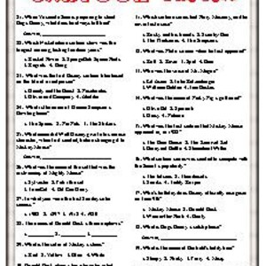 May include: A white poster with the title 'Cartoon Trivia' in blue text. The poster contains 30 trivia questions about various cartoon characters. The questions are numbered 1 through 30 and are printed in black text. The poster has a white background with a blue border. The poster is designed to be used for a game or quiz.