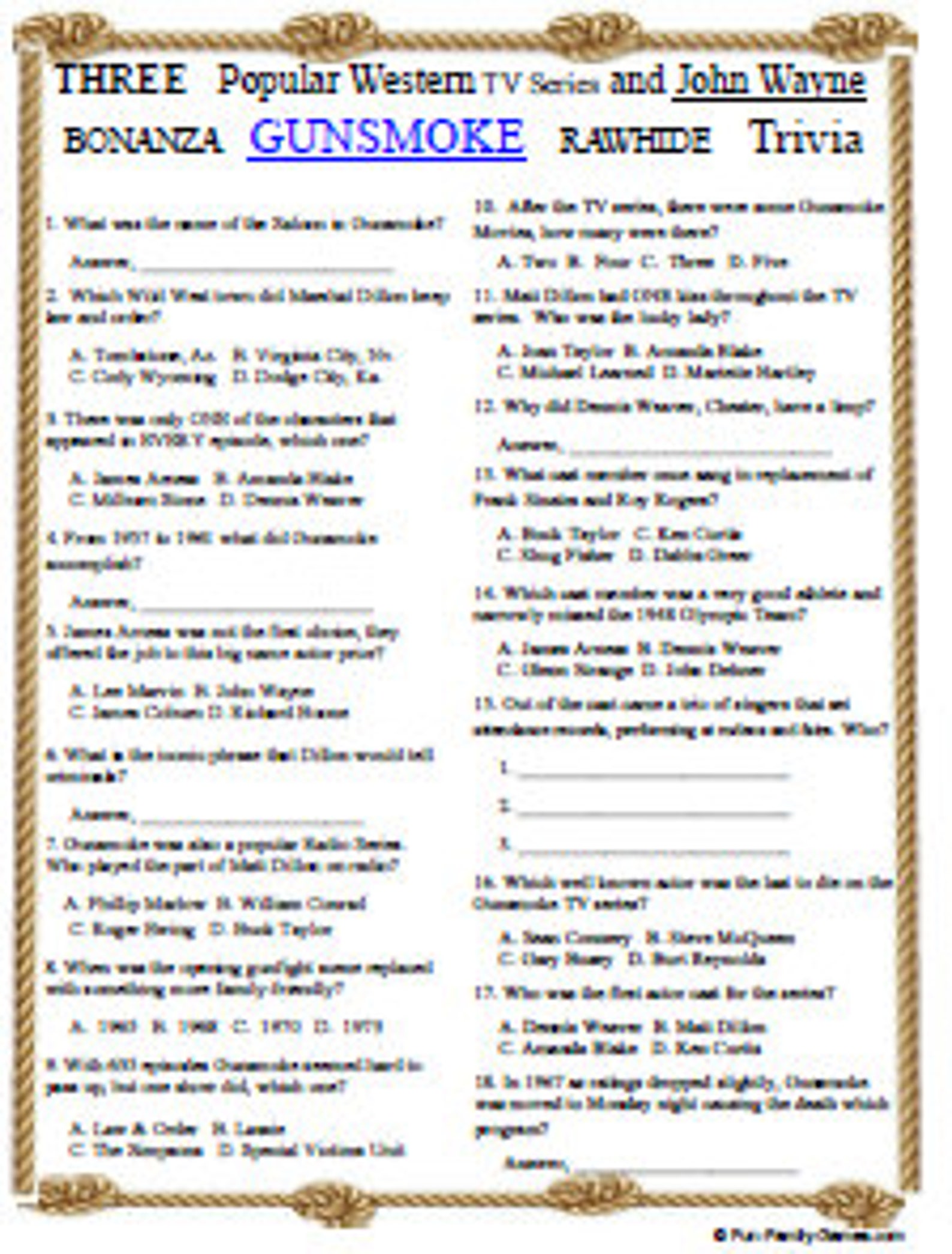 Bonanza, Gunsmoke, Rawhide, and John Wayne Trivia Etsy