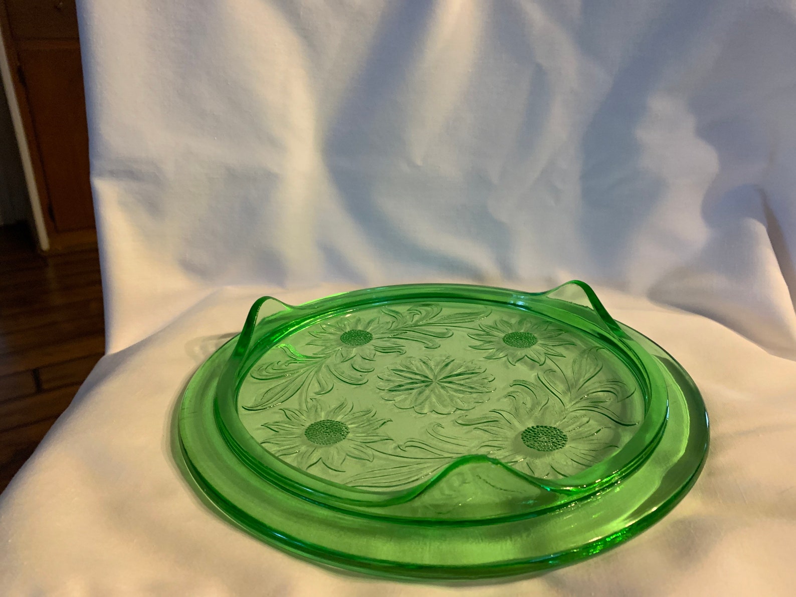 Green Depression Glass Footed Cake Plate Sunflower by Etsy