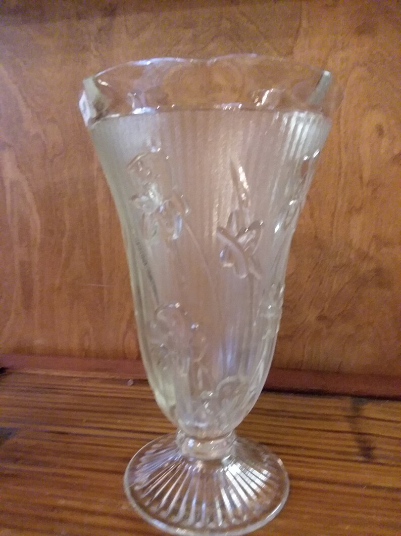 Iris and Herringbone Clear Depression Glass Vase by Jeannette Glass