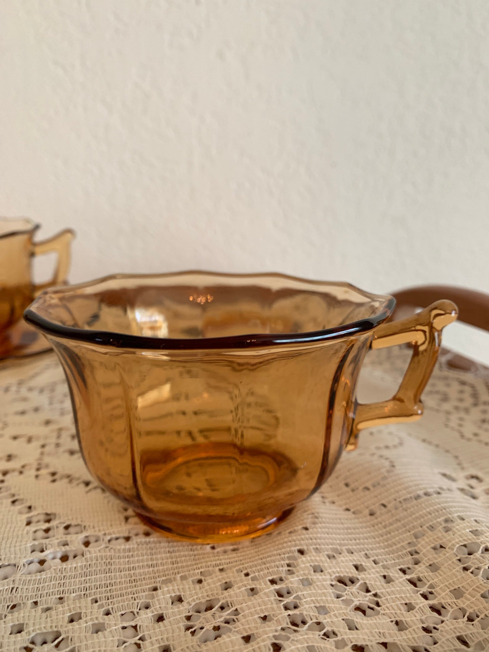 6 Vintage Amber Glass Cups and Saucers Decagon by Cambridge Etsy