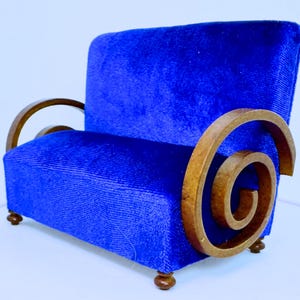 Dollhouse Miniature Art Deco Wooden Walnut  Blue Couch / Sofa 1:12 Scale