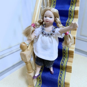 Dollhouse Miniature Dressed Porcelain Doll With Long Blonde Braids 1 :12&quot; Scale