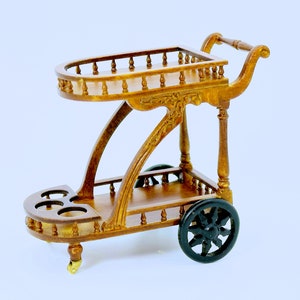 Dollhouse Miniature Wooden  Walnut Rolling Serving Cart 1:12 Scale