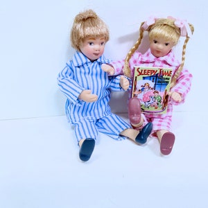 Dollhouse Miniature Porcelain Girl & Boy Doll Sleepy Time in Pajamas  -3 PCS