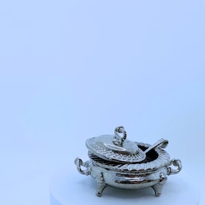 Dollhouse Miniature Footed Pewter Serving Dish with Ladle 1:12 Scale