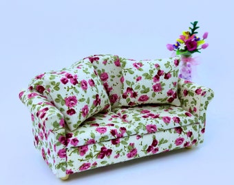 Dollhouse Miniature Living Room  Rose Pink Floral Couch / Sofa (ONLY)