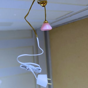 Dollhouse Miniature  12 Volt  Ceiling Lamp With Pink Shades / Bulbs