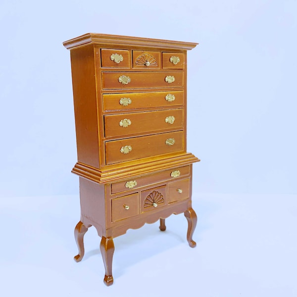 Dollhouse Miniature Queen Anne High Boy Wooden Walnut  Chest of Drawers