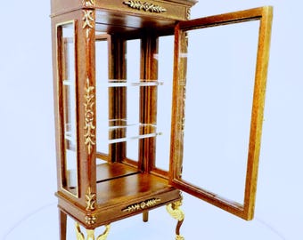 Dollhouse Miniature Wooden Walnut Empire Style Display Curio /Cabinet 1:12 Scale