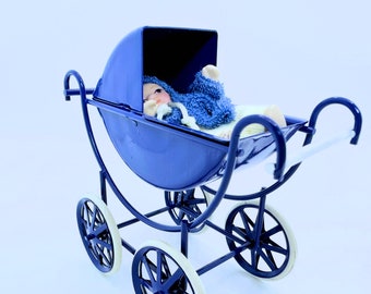 Dollhouse Miniature Navy Blue  Metal Pram / Stroller (ONLY) 1:12 Scale