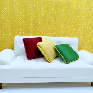 Dollhouse Miniature Mid century White Leather Couch / Sofa With Three Throw Cushion 1:12 Scale