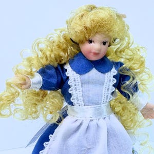 Dollhouse Miniature  Victorian Porcelain Girl Doll with  Curly Blonde  Hair 1:12 Scale