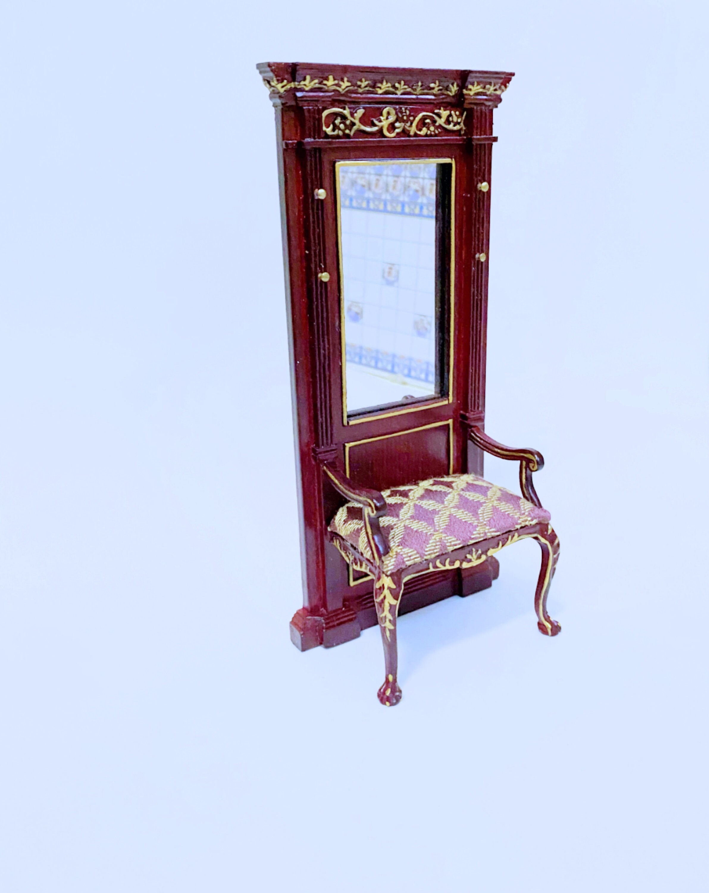 Dollhouse Miniature Gentleman's  Wooden Hat stand with Chair & Mirror 