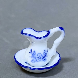 2 pcs.  Dollhouse Miniature Blue & White Porcelain Basin / Ewer